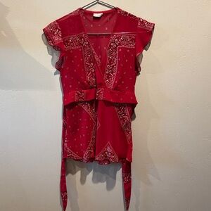 Rave Vintage Y2K Red Bandana-Print Women's Wrap Sheet V Neckline Blouse Top